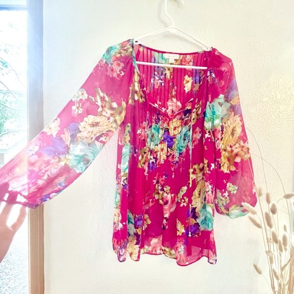 Sheer Floral Blouse with Tassles in Hot Magenta - Picture 5 of 5